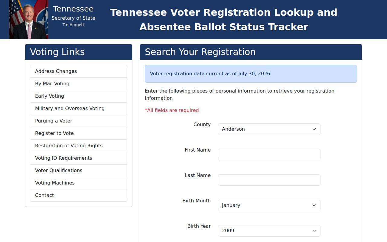 East Ridge voter registration lookup fields on the Tennessee form